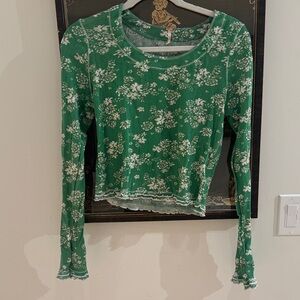 Free People Green and White Floral Long Sleeve Top